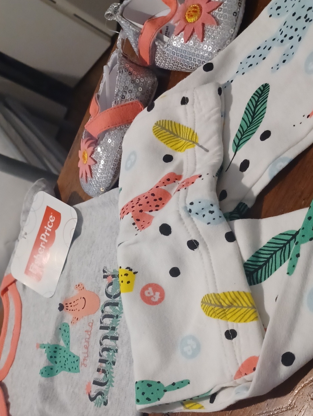 New Fisher-Price White Baby Outfit with Coral, Green, Yellow & Black Accents